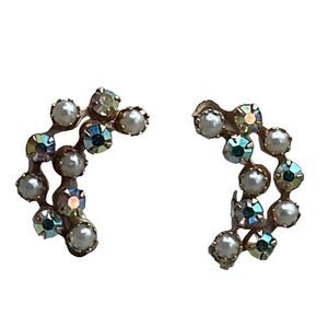 Vintage climber clip style earrings with AB stones and faux pearls.